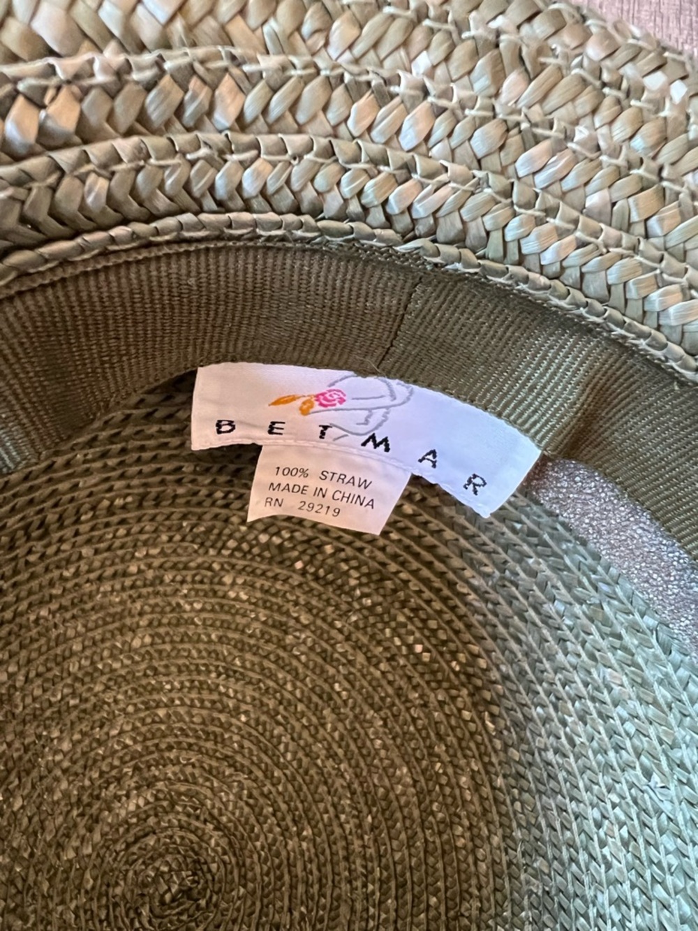 betmar sage green braided straw cloche with white floral tag - Picture 5 of 12